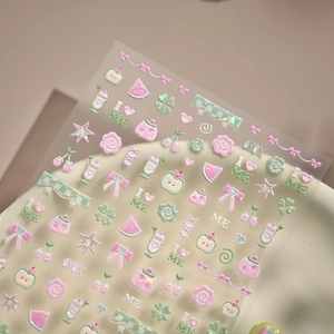 3D embossed nail art stickers featuring sweet fruits, bows and XOXO designs for girls