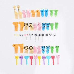 Detailed assortment of colorful plastic animal fruit picks for kids bento accessories
