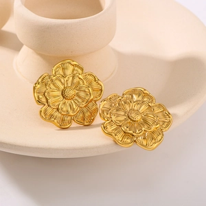Elegant Flower Stud Earrings 18K Gold Plated Stainless Steel Textured Camellia Petal Jewelry For Women Ins Style
