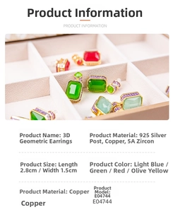 Detailed specs of geometric zircon earrings with 925 silver needles and multicolor gems