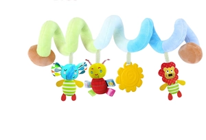 Hanging plush stroller toy featuring a spiral bird, blue elephant, and red lion for infants
