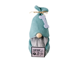Teal knitted Christmas gnome with dog bone accent and Home Is Where The Dogs Are sign