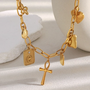 Multi Charm Pendant Necklace Stainless Steel 18K Gold Plated Cross Ankh Eye Heart Vintage Style For Women