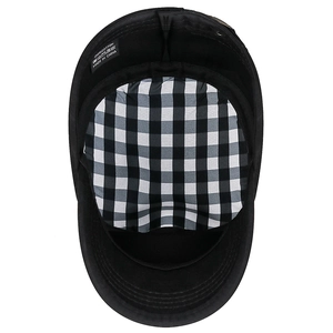 Interior view of black flat top cadet hat with cotton plaid lining and sweatband