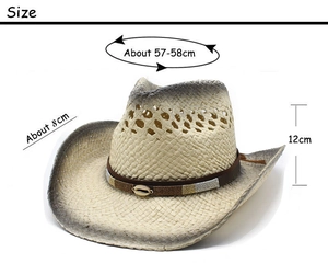 Straw cowboy hat size detail showing 12cm height, 8cm brim and 58cm circumference