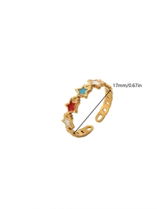 Detail shot of 18k gold plated open ring with colorful enamel stars and 17mm size marking