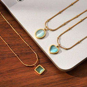 European American Style Stainless Steel Blue Green Cat Eye Stone Pendant Necklace For Women Gold Plated Geometric Fashion Jewelry
