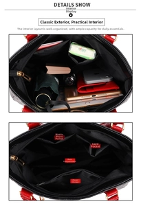 Detailed view of women's handbag interior featuring multiple pockets and large capacity