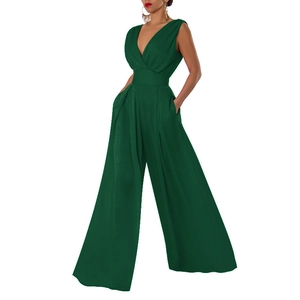 Slim fit high waist wide leg sleeveless deep V-neck jumpsuit in dark green color