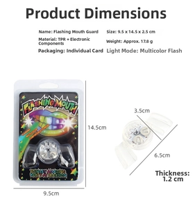 Detail view of LED glowing mouthpiece with packaging and size measurements