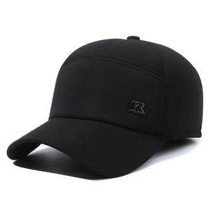 Men's winter baseball cap in black with ear flaps and metal R detail on a white background