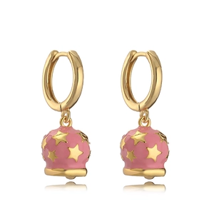 Golden hoop earrings with pink star bell pendants on a clean white background