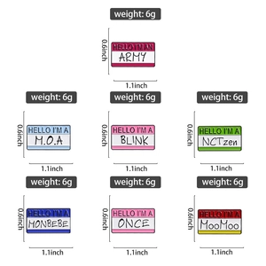 Set of 7 colorful K-pop fandom enamel pins showing names and exact 1.1x0.6 inch dimensions