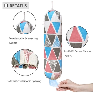 Wall-mounted cotton canvas grocery bag holder with blue and gray triangle patterns