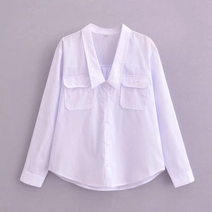Women Long Sleeve Blouse V Neck Solid Color Button Down Shirt With Pockets Elegant Loose Fit Office Lady Tops