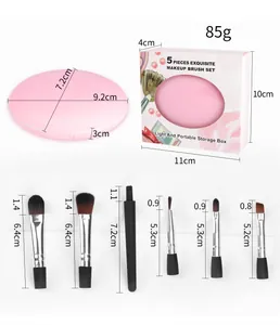 Detailed size specifications for the 5-piece travel makeup brush set in a pink case