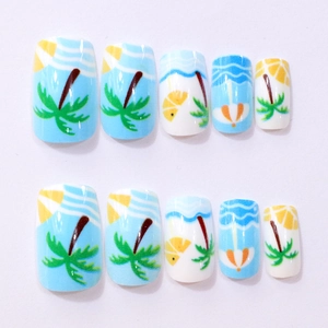 Detail view of 10-piece square fake nails with blue beach beach and coconut tree designs