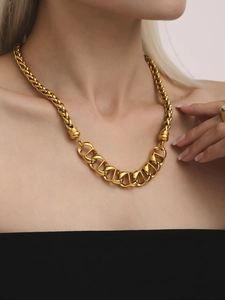 Detail of 18K gold plated mixed link necklace featuring braided and chunky geometric chains