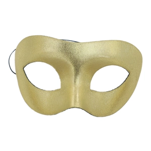 Golden Venetian semi-face masquerade mask with metallic texture and black elastic strap