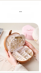 Brown PU leather portable jewelry box with necklace hooks and ring storage slots