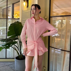 Langarm Hemd Minikleid Rosa Reverskragen Taillenknoten Rüschensaum Elegant Lässig Französischer Stil Für Damen