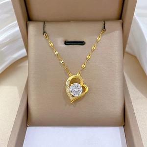 Heart Pendant Necklace Stainless Steel Copper Zirconium Rhinestone Elegant Clavicle Chain Gold Color For Women