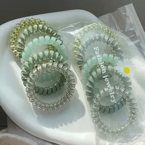 Elastic spiral jelly color hair ties set in assorted Morandi greens and clear tones