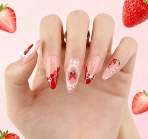 Close-up of almond nails featuring hand-painted strawberries and bow accents