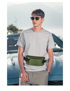 Detail of army green sports waist bag with headphone port and adjustable strap