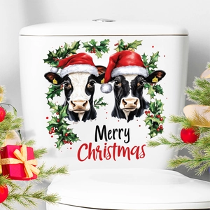 Christmas Toilet Sticker Cute Cow Pattern Waterproof PVC Removable Bathroom Decor Merry Christmas Holiday Ornament