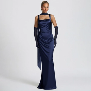 Detail of navy blue satin evening dress featuring corset boning and side ruching