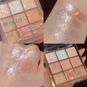 Macro arm swatches of 9-color glitter eyeshadow palette in rose and golden shades