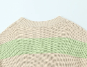 Detail of round neckline with ribbed edges and green striped knit fabric texture
