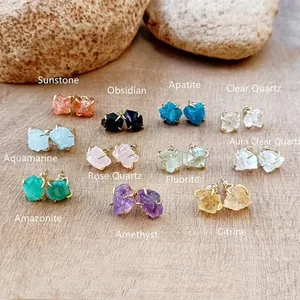 Natural Raw Stone Stud Earrings With Silver Earring Post Irregular Geometric Crystal Amethyst Rose Quartz Fashion Jewelry