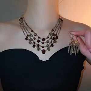 Palace Style Multi-Layer Rhinestone Necklace And Tassel Earrings Alloy Jewelry With Silver Earring Post