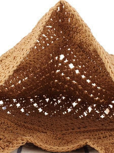 Handwoven khaki triangular tote bag with intricate hollow mesh pattern for summer beach use