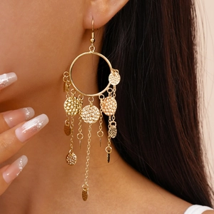 Boucles D'oreilles Pendantes Bohèmes Cercle Rond Avec Franges À Longue Chaîne Plaques Métal Martelé Tige En Acier Inoxydable