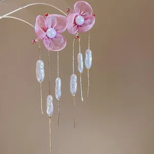 Pink Chiffon Flower Dangle Earrings With Imitation Artificial Baroque Pearls And 925 Sterling Silver Earring Post Sweet Romantic