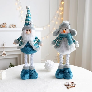 Blue telescopic Christmas gnome and snowman plush figurines with glitter knit hats
