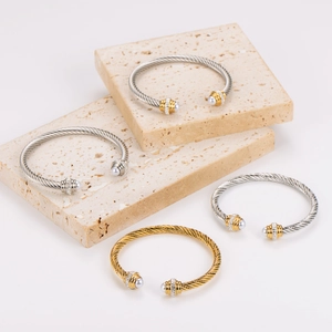 Stainless Steel Twisted Cable Open Bangle With Artificial Pearl And Zircon Inlaid Elegant Minimalist Bracelet For Women