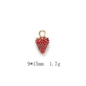 Detail of red strawberry enamel charm for jewelry with 9x15mm size specifications