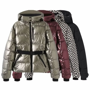 Hooded winter puffer coats for women featuring belted waists in four assorted colors