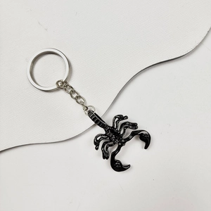 Macro shot of black scorpion-shaped metal keychain with round ring on white background