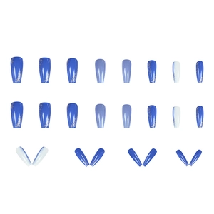 Long coffin gradient blue and white press-on nails with glitter accents, 24 piece set