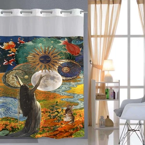 Detail of waffle weave shower curtain with artistic sun, moon and koi fish print