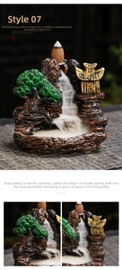 Macro detail of mountain landscape backflow incense burner with flowing smoke effect