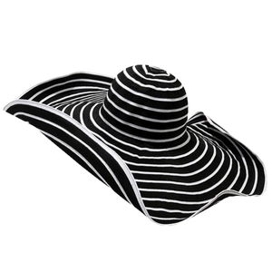 Cappello da sole pieghevole da donna a tesa larga con strisce bianche e nere e fiocco