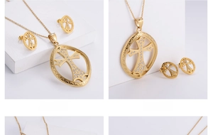 Close-up of gold plated cross jewelry set with necklace and earrings featuring inlaid crystals
