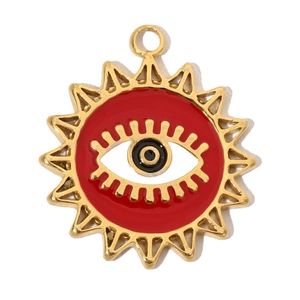 Macro shot of gold stainless steel evil eye sunburst pendant with red enamel detailing