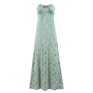 Detailed lace texture and hollow heart ornament on a sage green strapless maxi dress